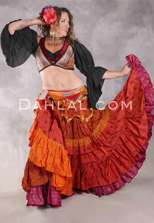 MOON FLOWER 25 Yard Silk Printed Ruched Skirt - Orange, Red, Dark Green, Black and Gold