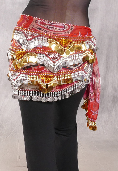 SINAI Egyptian Bead, Paillette and Coin Hip Scarf - Graphic Print with Silver and Gold