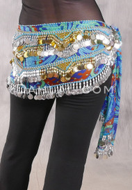 SINAI Egyptian Bead, Paillette and Coin Hip Scarf - Blue Graphic Print with Silver and Gold