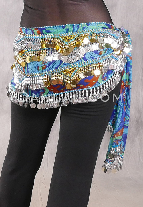 SINAI Egyptian Bead, Paillette and Coin Hip Scarf - Blue Graphic Print with Silver and Gold