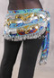 SINAI Egyptian Bead, Paillette and Coin Hip Scarf - Blue Graphic Print with Silver and Gold