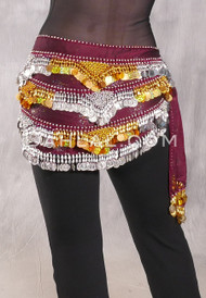 SINAI Egyptian Bead, Paillette and Coin Hip Scarf - Wine with Silver and Gold