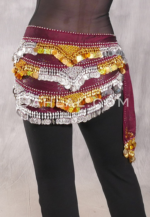 SINAI Egyptian Bead, Paillette and Coin Hip Scarf - Wine with Silver and Gold