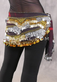 SINAI Egyptian Bead, Paillette and Coin Hip Scarf - Merlot Tie Dye with Silver and Gold