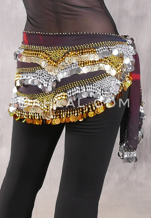 SINAI Egyptian Bead, Paillette and Coin Hip Scarf - Merlot Tie Dye with Silver and Gold