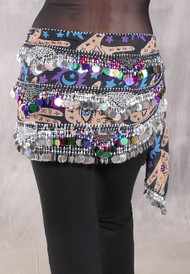 SINAI Egyptian Bead, Paillette and Coin Hip Scarf - Graphic Print with Silver, Gold and Multi-color