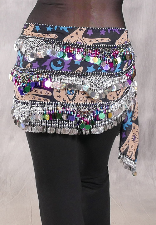 SINAI Egyptian Bead, Paillette and Coin Hip Scarf - Graphic Print with Silver, Gold and Multi-color