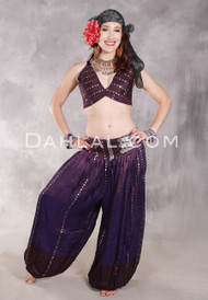 LUNA JADE II Silk Brocade Harem Pant and Medium Halter Top Set - Purple, Chocolate and Silver