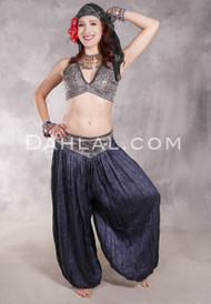 LUNA JADE II Silk Brocade Harem Pant and Small Halter Top Set - Dark Slate Paisley and Antique Silver