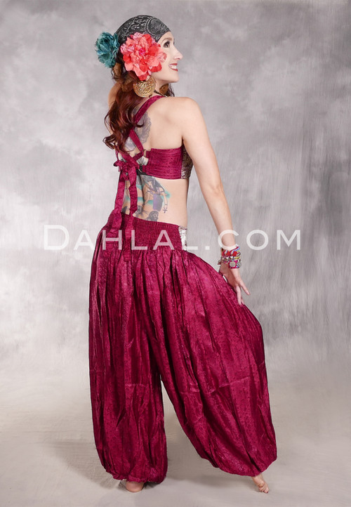LUNA JADE II Silk Brocade Harem Pant and Halter Top Set - Wine and Silver