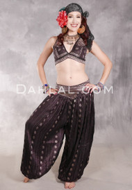 LUNA JADE II Silk Brocade Harem Pant and Small Halter Top Set - Chocolate and Antique Silver