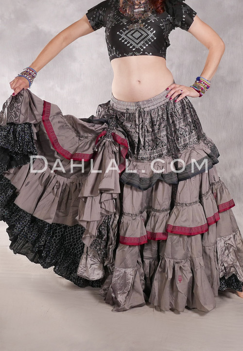 MOONLIGHT AVALON 25 Yard Silk Tiered Ruched Skirt - Gray,Black,Silver & Wine