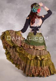 MOON FLOWER 25 Yard Silk Printed Ruched Skirt - Olive, Green & Gold