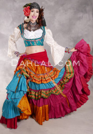 MOONLIGHT AVALON 25 Yard Silk Tiered Ruched Skirt - Goldenrod. Turquoise, Magenta, Green & Gold