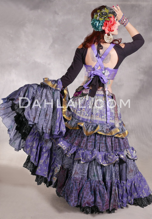 MOON FLOWER 25 Yard Printed Silk Ruched Skirt - Lavender, Charcoal, Cream, Green and Gold