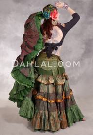MOON FLOWER 25 Yard Printed Silk Ruched Skirt - Green, Wine, Forest Green, Copper and Gold