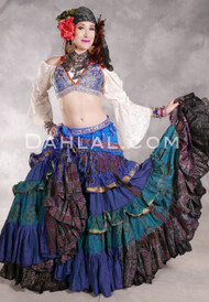 MOON FLOWER 25 Yard Printed Silk Ruched Skirt - Deep Blue, Teal, Dark Magenta, Burnt Orange and Gold