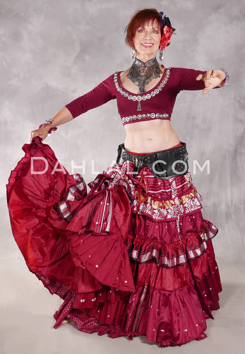 MOONLIGHT AVALON 25 Yard Silk Tiered Ruched Skirt - Deep Red, White, Light Gold and Black