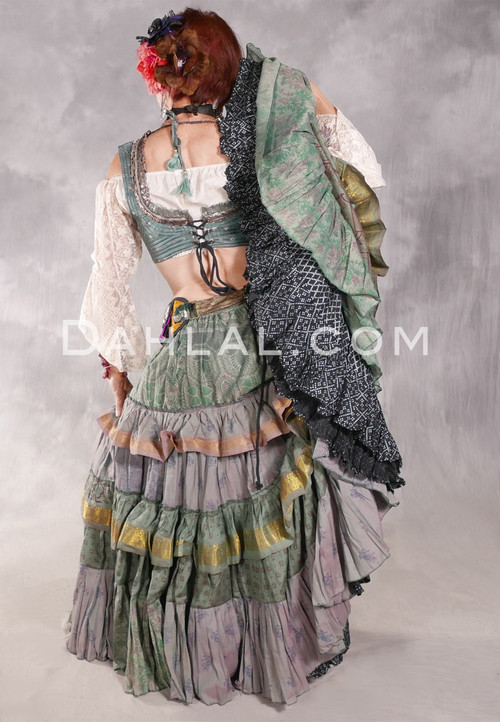 MOON FLOWER 25 Yard Printed Silk Ruched Skirt - Sage, Taupe, Wine, Green and Gold