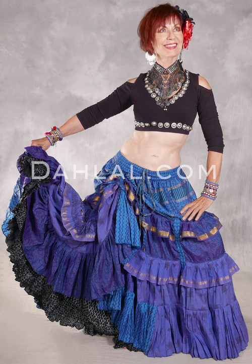 MOON FLOWER 25 Yard Printed Silk Ruched Skirt - Purplish Blue, Turquoise, Black and Gold