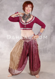 LUNA JADE Draped Silk Brocade Harem Pant - Wine, Beige and Silver