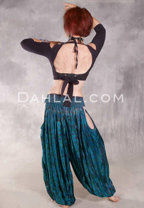 LUNA JADE Draped Silk Brocade Harem Pant -Teal, Green, Plum and Antique Silver
