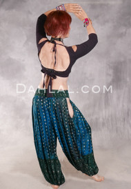 LUNA JADE Draped Silk Brocade Harem Pant - Teal, Forest Green and Silver