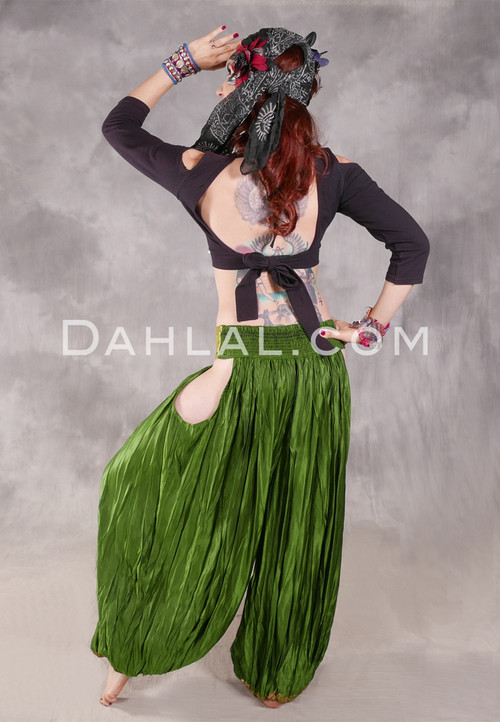 LUNA JADE Draped Silk Brocade Harem Pant - Green and Gold