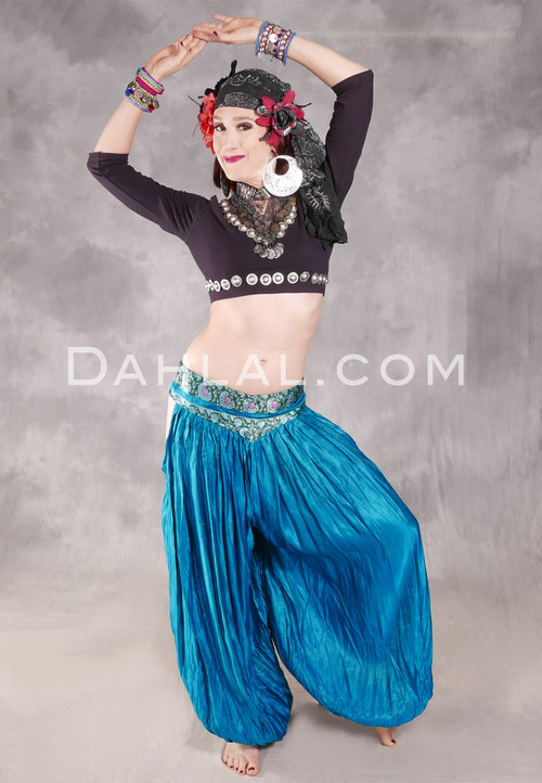 LUNA JADE Draped Silk Brocade Harem Pant -Teal, Forest Green, Silver and Fuchsia