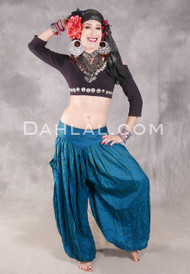 LUNA JADE Draped Silk Brocade Harem Pant - Teal, Green and Black