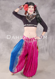 LUNA JADE Draped Silk Brocade Harem Pant - Fuchsia, Goldenrod, Medium Blue and Silver