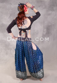LUNA JADE Draped Silk Brocade Harem Pant - Medium Blue, Navy and Silver