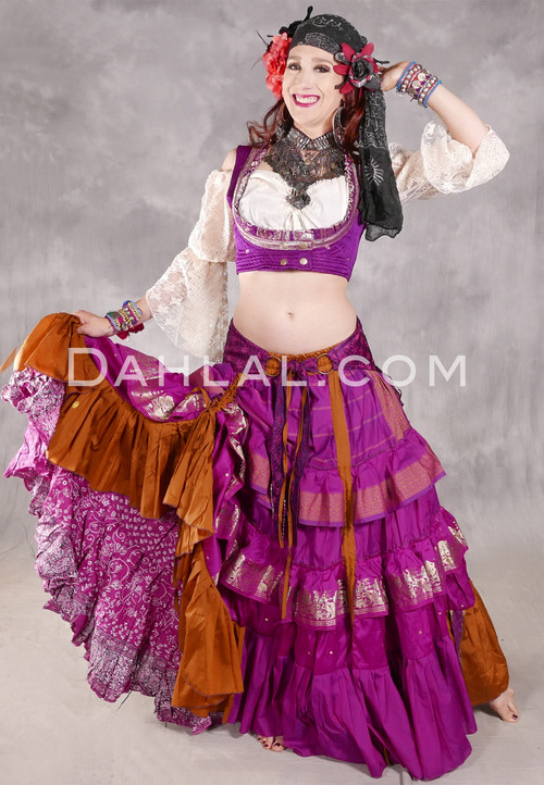 MOONLIGHT AVALON 25 Yard Silk Tiered Ruched Skirt - Dark Fuchsia, Camel and Silver