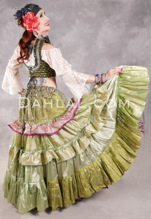 MOONLIGHT AVALON 25 Yard Silk Tiered Ruched Skirt - Icy Celery, Olive, Magenta, Ivory and Light Gold