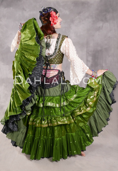 MOONLIGHT AVALON 25 Yard Silk Tiered Ruched Skirt - Green, Forest Green, Light Gold and Royal Blue