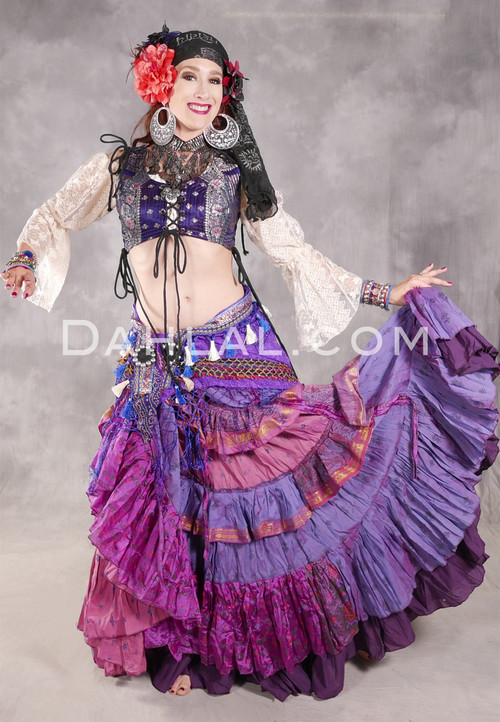 MOON FLOWER 25 Yard Printed Silk Ruched Skirt - Iridescent Blue, Magenta, Rose, Black and Gold