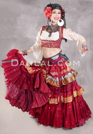 MOONLIGHT AVALON 25 Yard Silk Tiered Ruched Skirt - Dark Red, Gold, Silver and Green