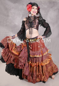 MOON FLOWER 25 Yard Printed Silk Ruched Skirt - Iridescent Rose, Peach, Rust, Plum and Gold