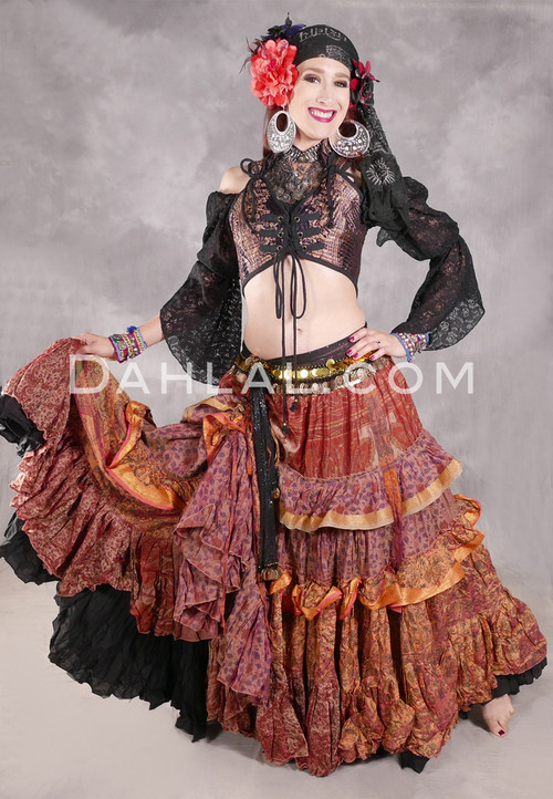 MOON FLOWER 25 Yard Printed Silk Ruched Skirt - Iridescent Rose, Peach, Rust, Plum and Gold