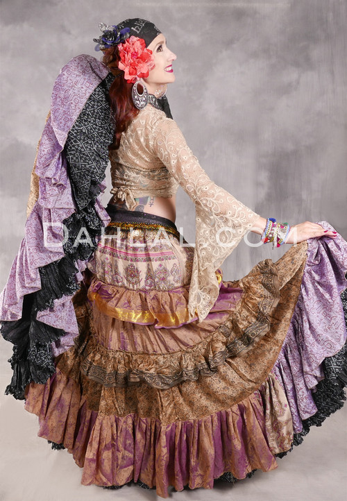 MOON FLOWER 25 Yard Printed Silk Ruched Skirt - Lavender, Camel, Tan, Wine, Black and Gold