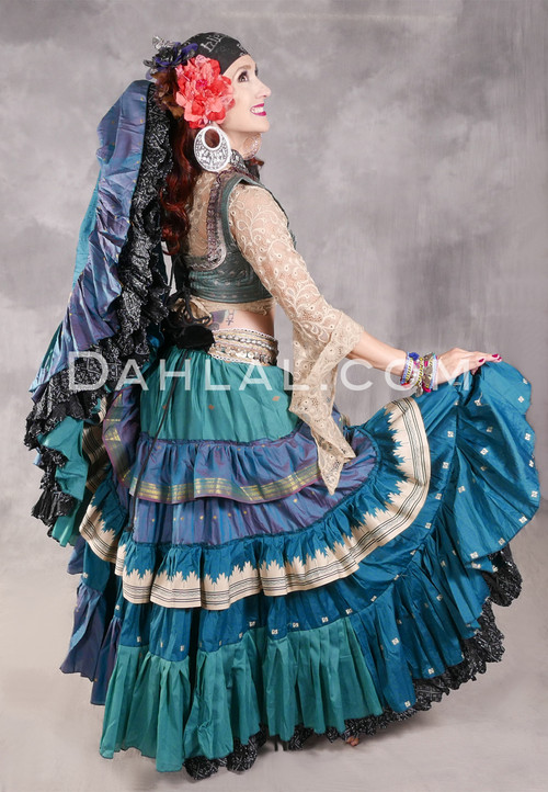 MOONLIGHT AVALON 25 Yard Silk Tiered Ruched Skirt - Teal, Medium Blue, Ivory and Gold
