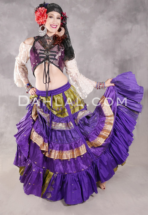 MOONLIGHT AVALON 25 Yard Silk Tiered Ruched Skirt - Purple, Lime, Cream and Gold