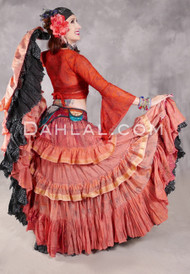 MOON FLOWER 25 Yard Printed Silk Ruched Skirt - Burnt Orange, Soft Orange, Black and Gold