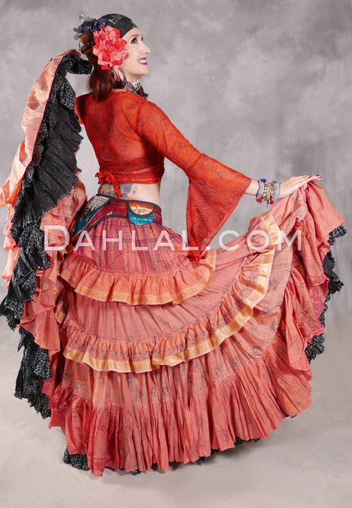 MOON FLOWER 25 Yard Printed Silk Ruched Skirt - Burnt Orange, Soft Orange, Black and Gold