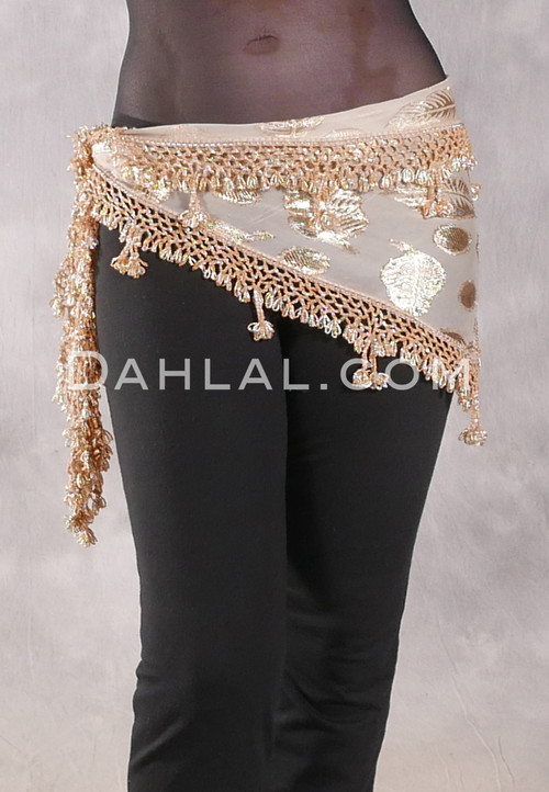 SUN GODDESS Wide Row Beaded Hip Scarf - Champagne with Gold and Silver