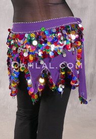 Egyptian Wave Hip Scarf with Coins and Paillettes - Purple with Multi-color and Silver