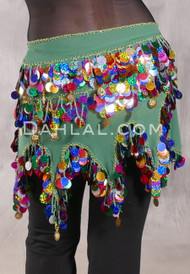 Egyptian Wave Hip Scarf with Coins and Paillettes - Green with Multi-color and Gold