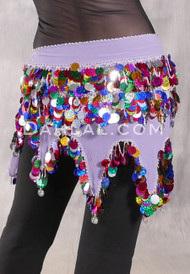 Egyptian Wave Hip Scarf with Coins and Paillettes - Lavender with Multi-color and Silver