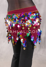 Egyptian Wave Hip Scarf with Coins and Paillettes - Wine with Multi-color and Gold