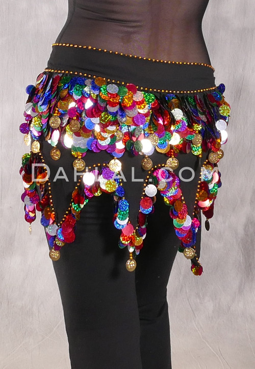 Egyptian Wave Hip Scarf with Coins and Paillettes - Black with Multi-color and Gold